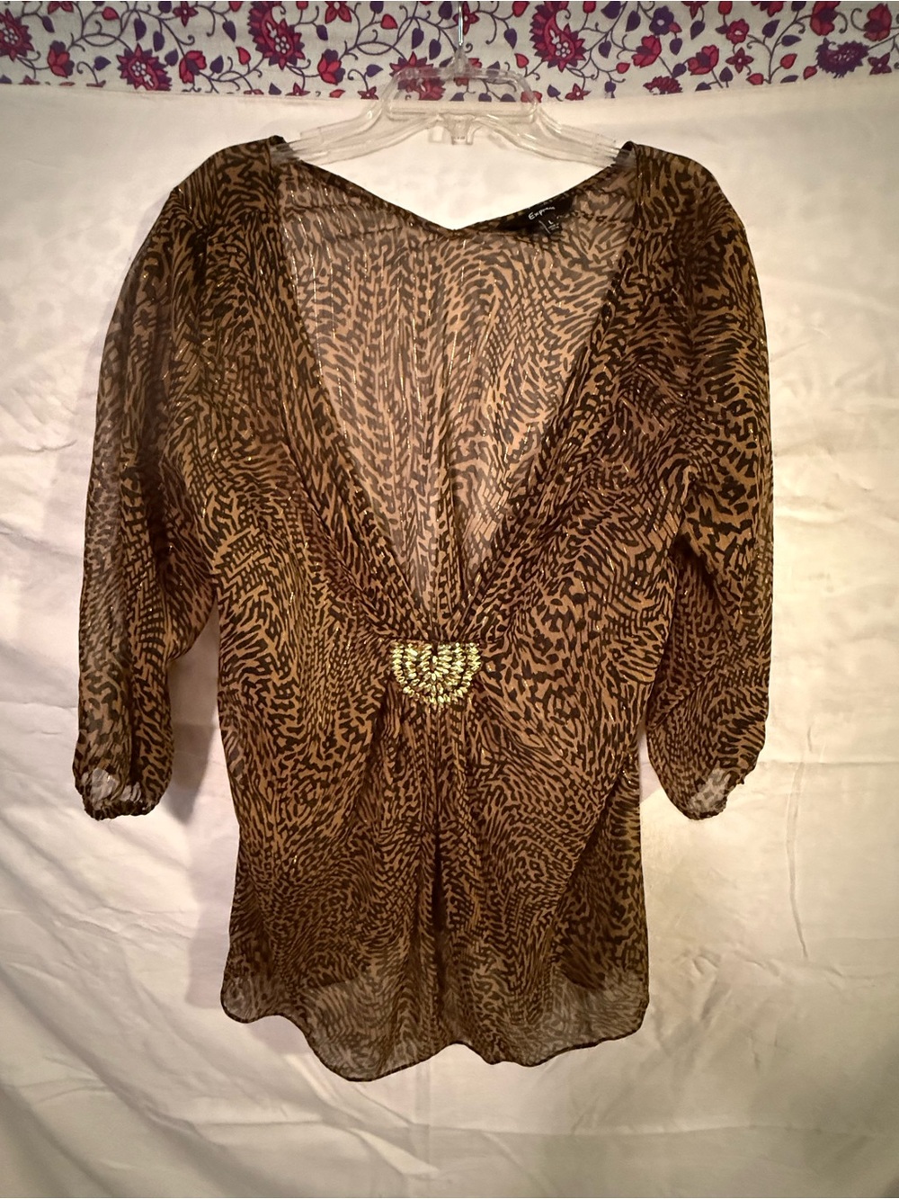 Express Brown Sheer Animal-Print V-Neck Blouse with Embellished Accent